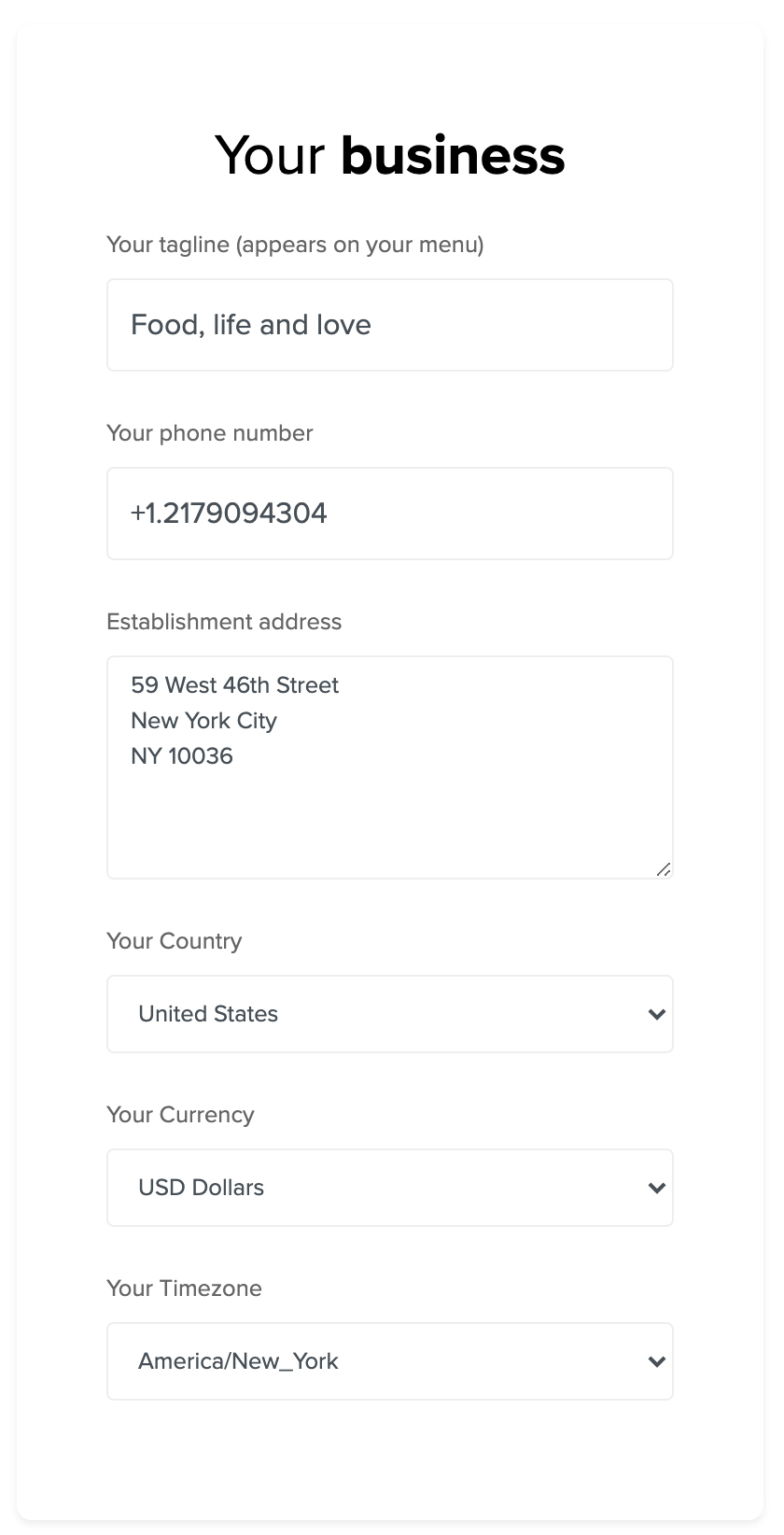 QR Code menu business settings