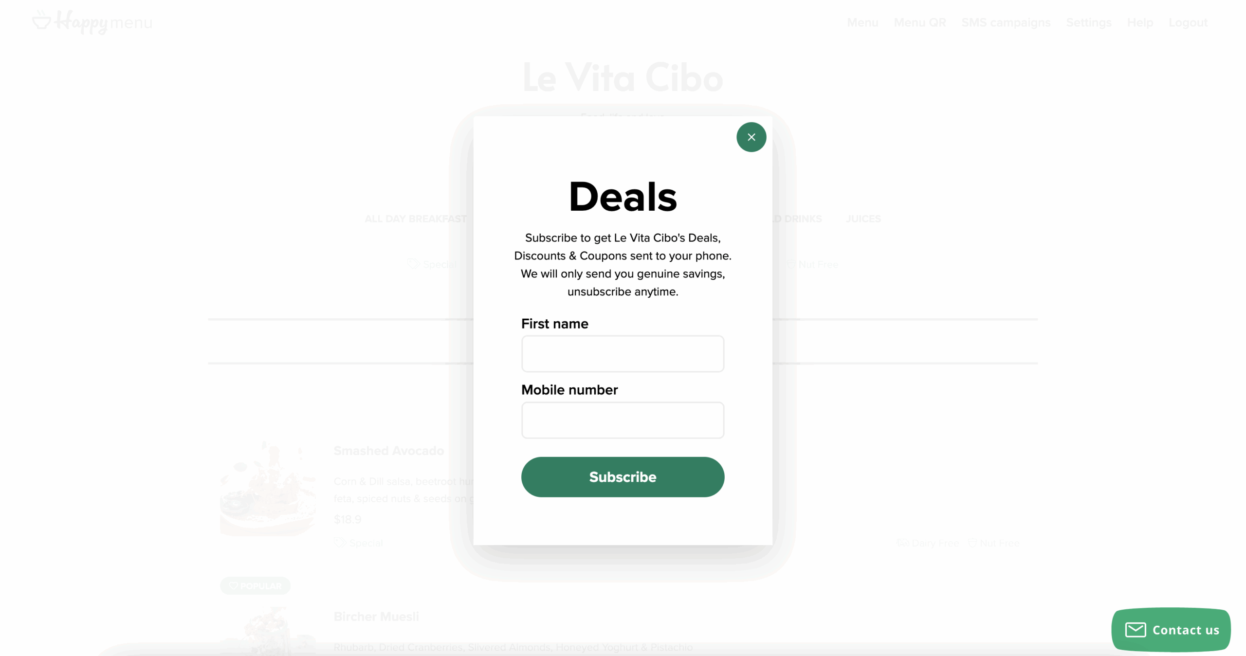 Restaurant SMS customer retention loyalty subscription form