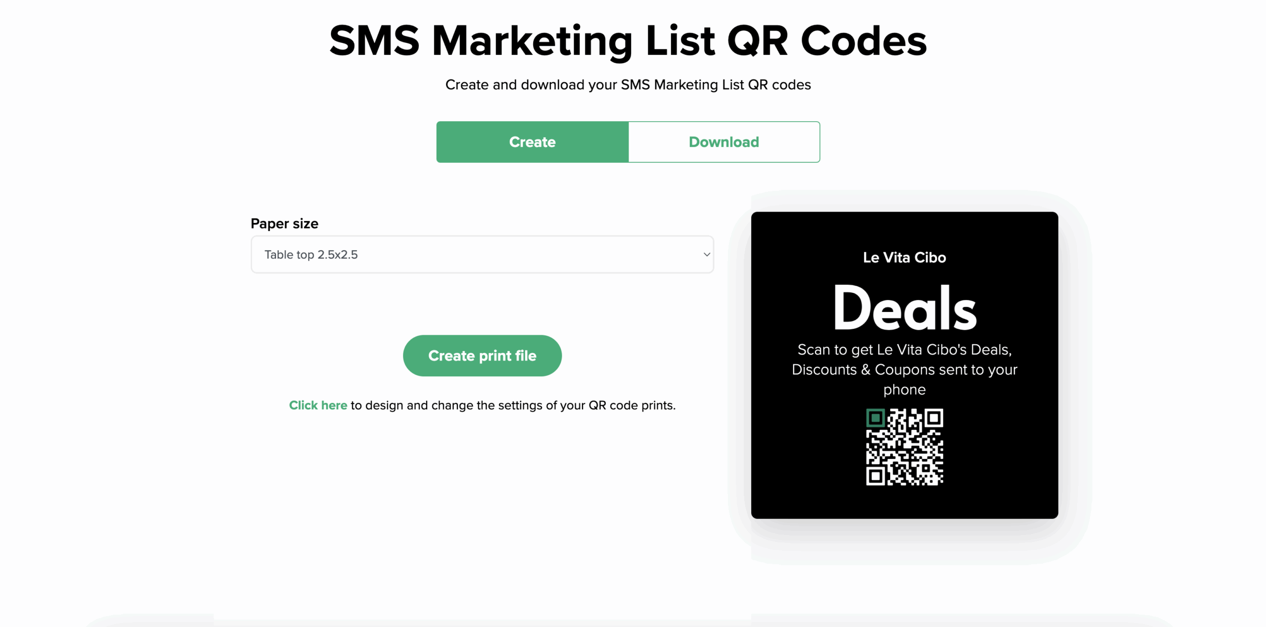 Restaurant SMS customer retention QR print file