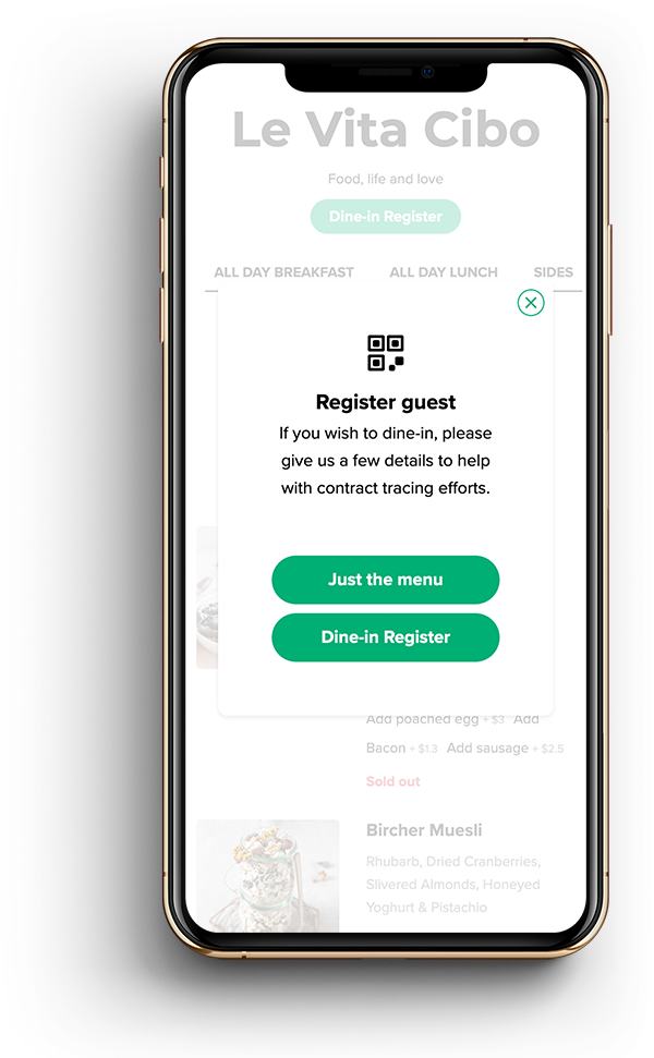 Qr code menu contact tracing screen on iphone