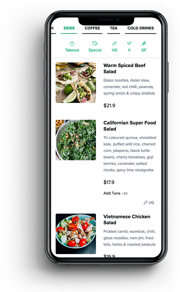 Qr code menu on iPhone showing food