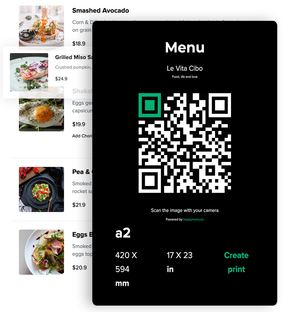 QR code graphic with QR code digital menu behind it